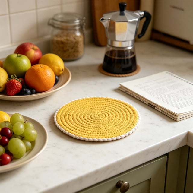 Ball Trims Woven Rope Mat 1 Pack Heat Protection Round Table Mat For Kitchen Dining Home Cup Glass