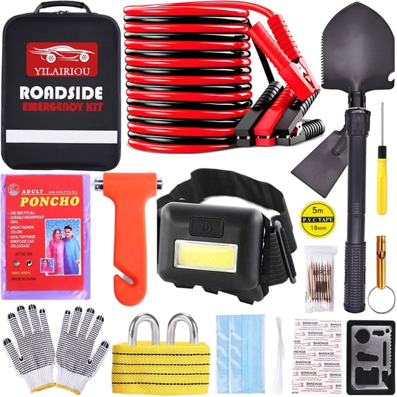 Car Emergency Roadside Tool Kit, Emergency Kits for Vehicles, Road Side Safety Assistance Kit,with Jumper Cables for Car,Headlamp,Folding Shovel,Tow, Basic Automobile Road Side Kits for Men Women