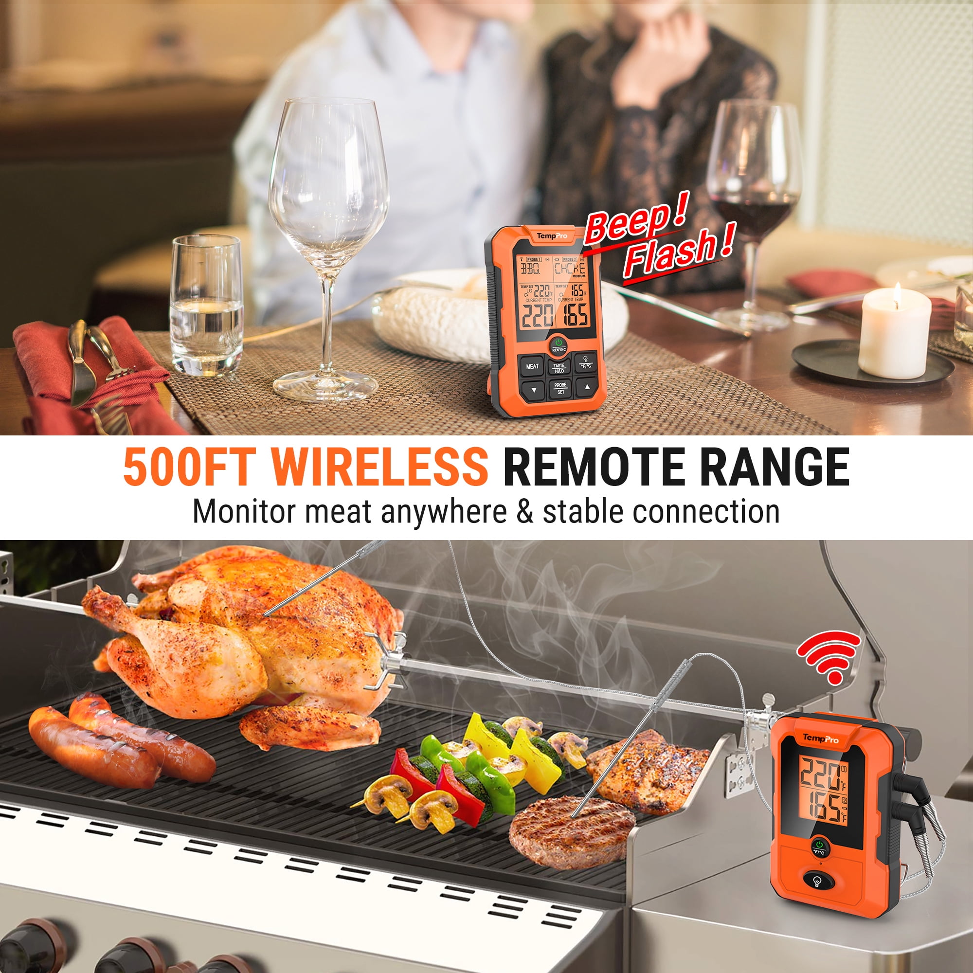 TempPro TP810W Wireless Meat Thermometer of 500FT Dual Probe Meat Thermometer for Smoker Oven, Grill Thermometer with Dual Probes (Formerly ThermoPro)