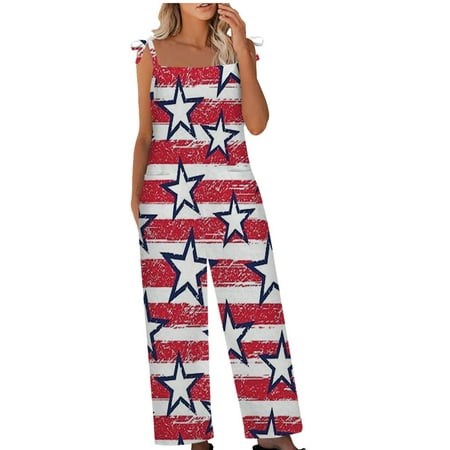 

Dyegold Jumpsuits for Women Casual Womens Jumpsuit Star Stripes American Flag Summer Wide Leg Overalls Bib Long Pants Sleeveless Square Neck Rompers