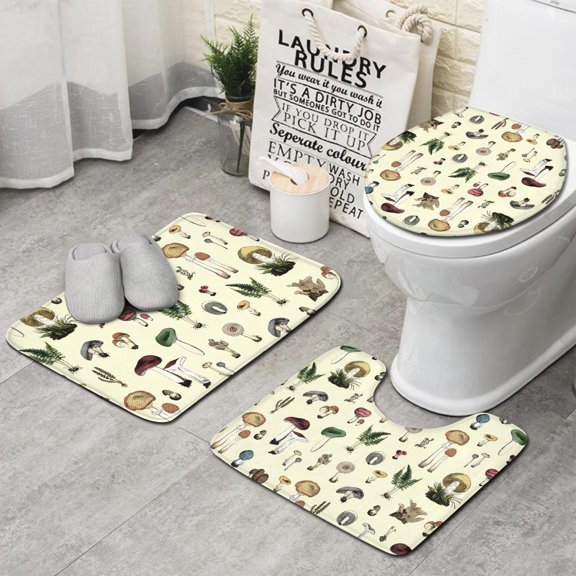 Colorful Mushroom Frog Black Pattern Bathroom Rugs Sets 3 Piece,Toilet Cover Set,Absorbent Non Slip Bathroom Mats Sets with U-Shaped Contour Rug Toilet Rug Set