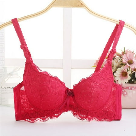 

Adjustable Lace Gathered Bra Lace Embroidered Bow Solid Color 3/4 Cup Breathable Bra