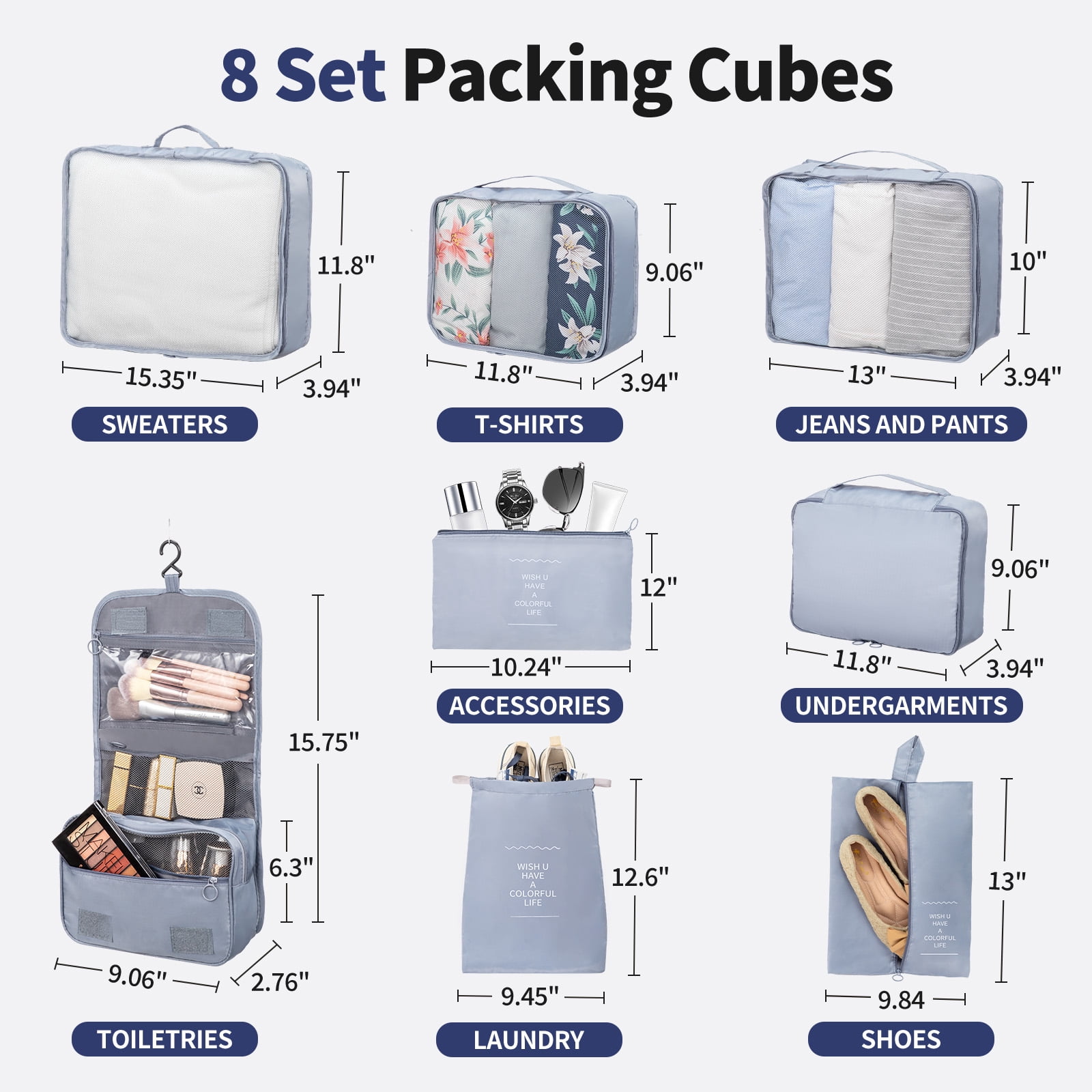 Zimtown 3-Piece Luggage Set with 8 Packing Cubes, Hard Shell Suitcases with Spinner Wheels TSA Lock, Blue