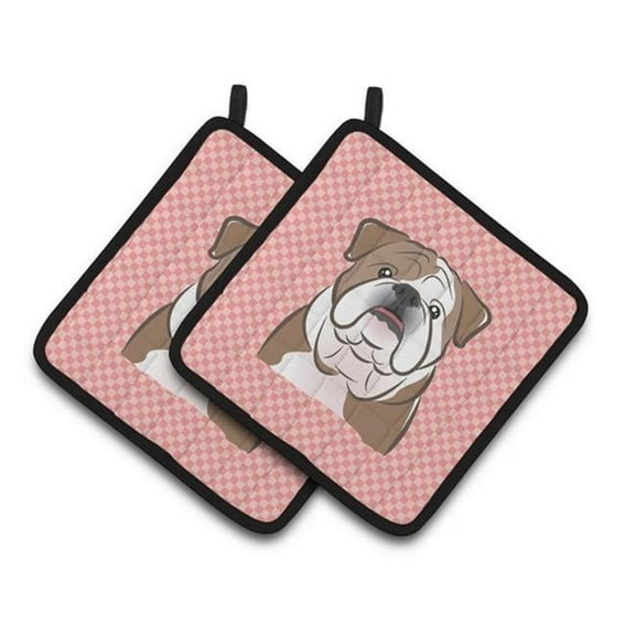 Checkerboard Pink English Bulldog Pair of Pot Holders, 7.5 x 3 x 7.5 in.