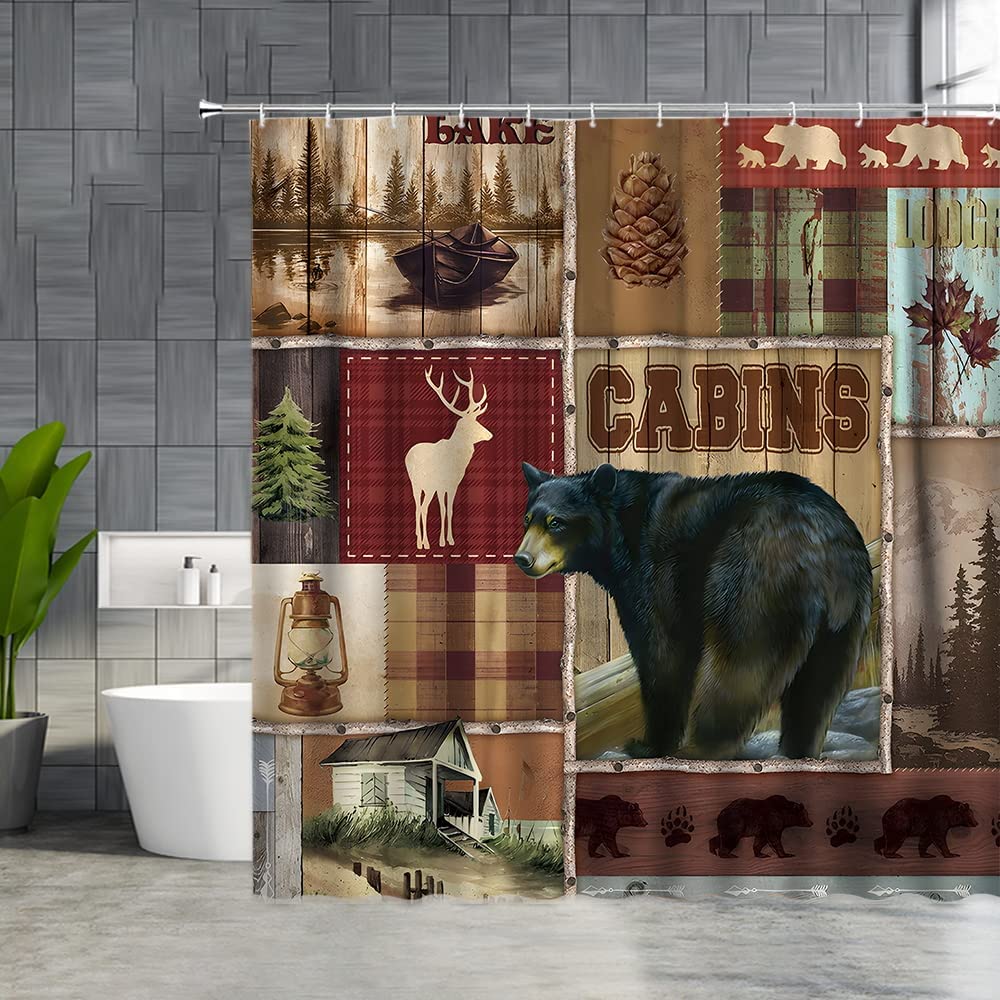 Rustic Cabin Shower Curtain Bear Moose Deer Animal Mountain Forest Camp