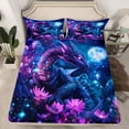 thumbnail image 2 of jejeloiu Ancient Animal Dragon Queen Sheet Sets,Rustic Floral Lotus Flat Sheet,Deepblue Purple Queen Fitted Sheet For Teens,Ultra Soft Home Decor,4 Pieces, 2 of 7