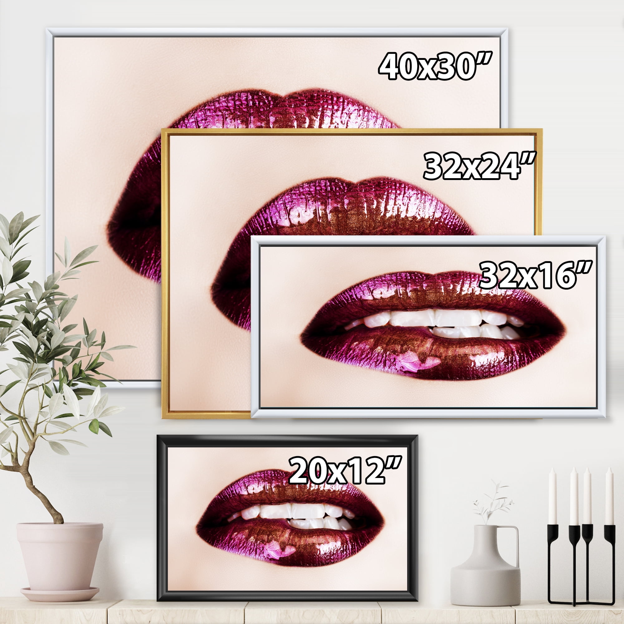 Designart 'Close-Up Of Purple Female Lips' Modern Framed Canvas Wall Art Print