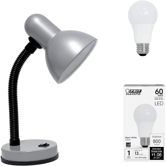 YYYANTON LD1003-SLV-LB 14.25" Basic Metal Desk Lamp with Flexible Hose Neck for Office, Living Room, Bedroom, ColleYANTON Dorm, Bookshelf, Silver, with Feit LED Bulb Included