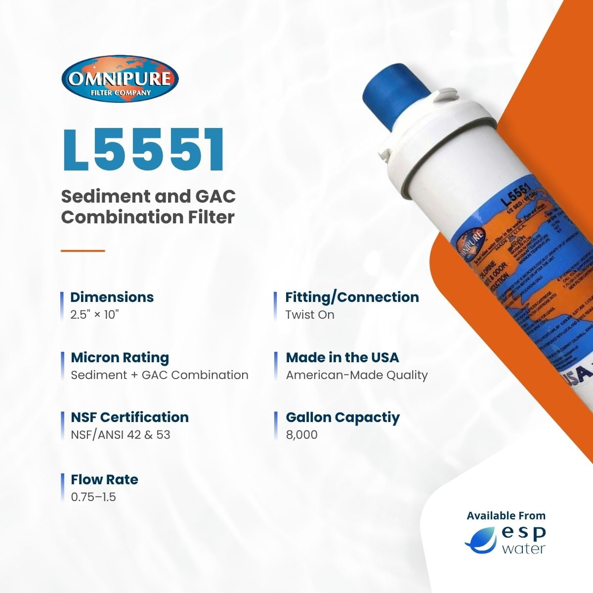 Omnipure L5551 Water Filter Cartridge for Bottleless Coolers – Dual Filtration, Sediment & GAC, 1500 Gallons
