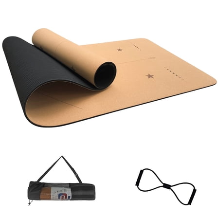 TPE Padded Cork Yoga Mat Thick 6mm 72 x 24" Sweatproof Nonslip Lightweight TPE Foam w. Cork &Alignment Lines, Carrying Bag w. Strap Included Great for Hot Yoga, Outdoor Exercise (Black TPE)