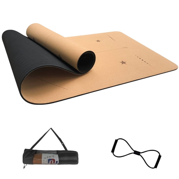 TPE Padded Cork Yoga Mat Thick 6mm 72 x 24" Sweatproof Nonslip Lightweight TPE Foam w. Cork &Alignment Lines, Carrying Bag w. Strap Included Great for Hot Yoga, Outdoor Exercise (Black TPE)