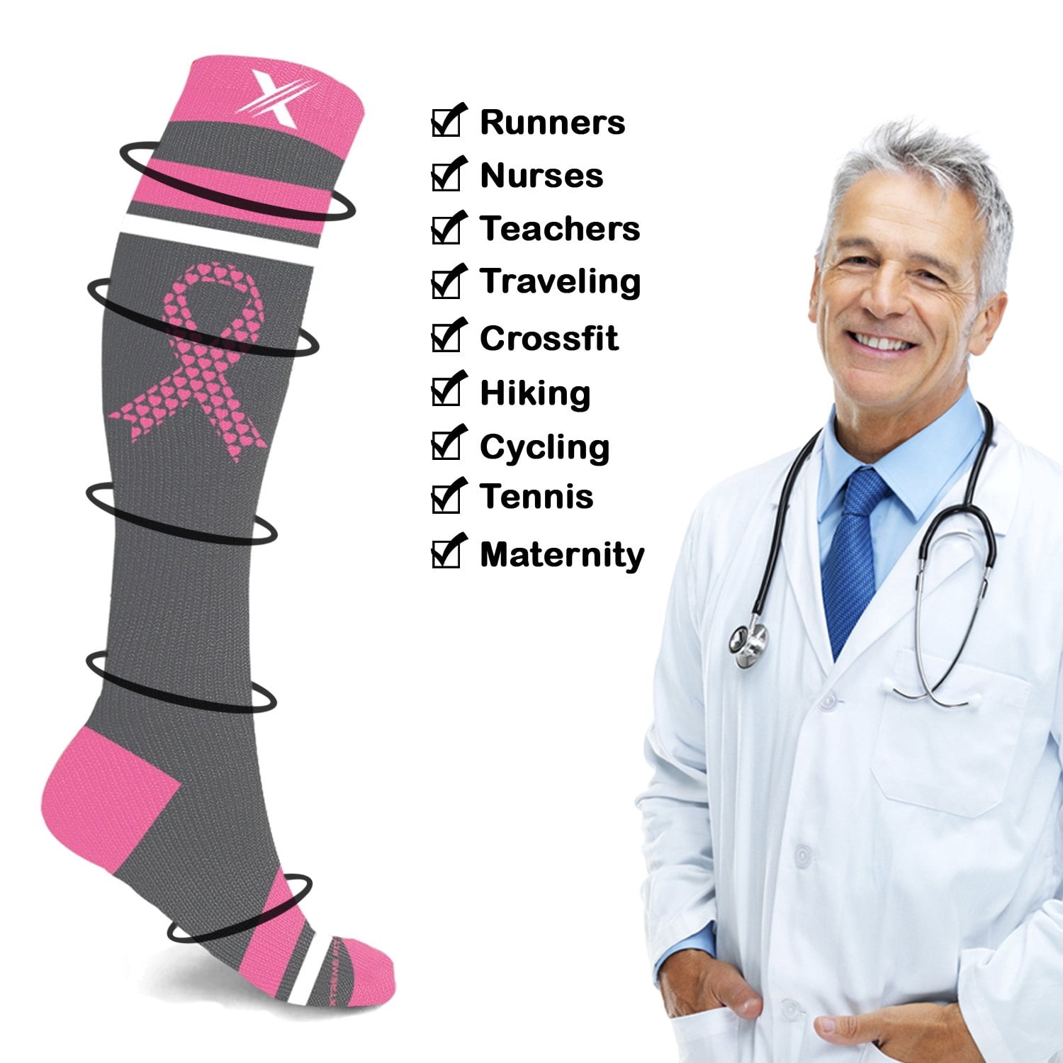 Cancer Awareness Compression Socks - Knee High Socks for Running - 3 Pair