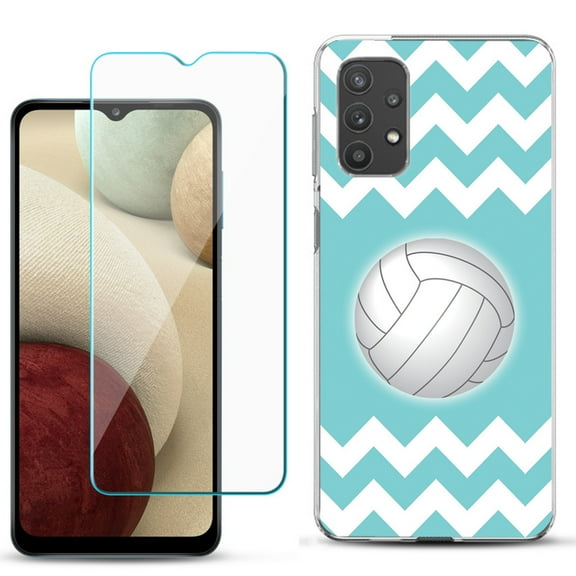 Slim-Fit TPU Phone Case compatible with Samsung Galaxy A32 5G, with Tempered Glass Screen Protector, by OneToughShield ® - Chevron/Teal/Volleyball