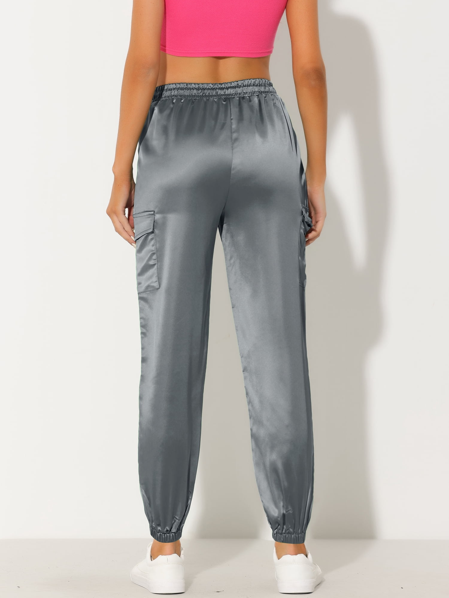 DARING DIVA Women's Drawstring Elastic High Waist Satin Cargo Pants S Grey