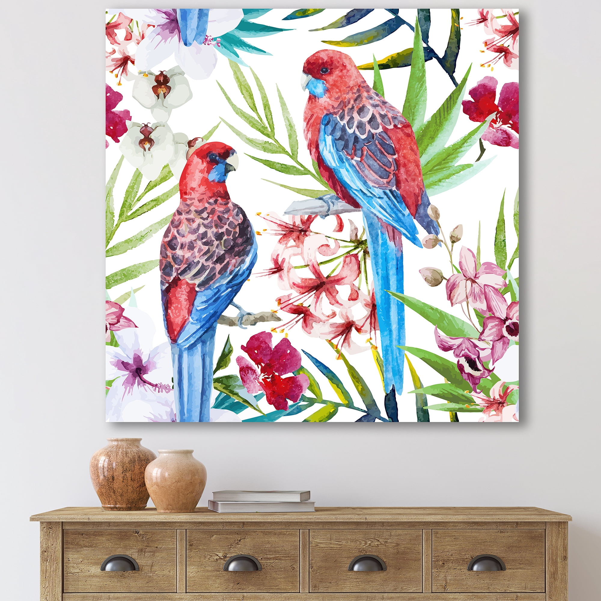 Designart ' Rosella Birds Sitting On Flowers Tree Branch ' Traditional Canvas Wall Art Print