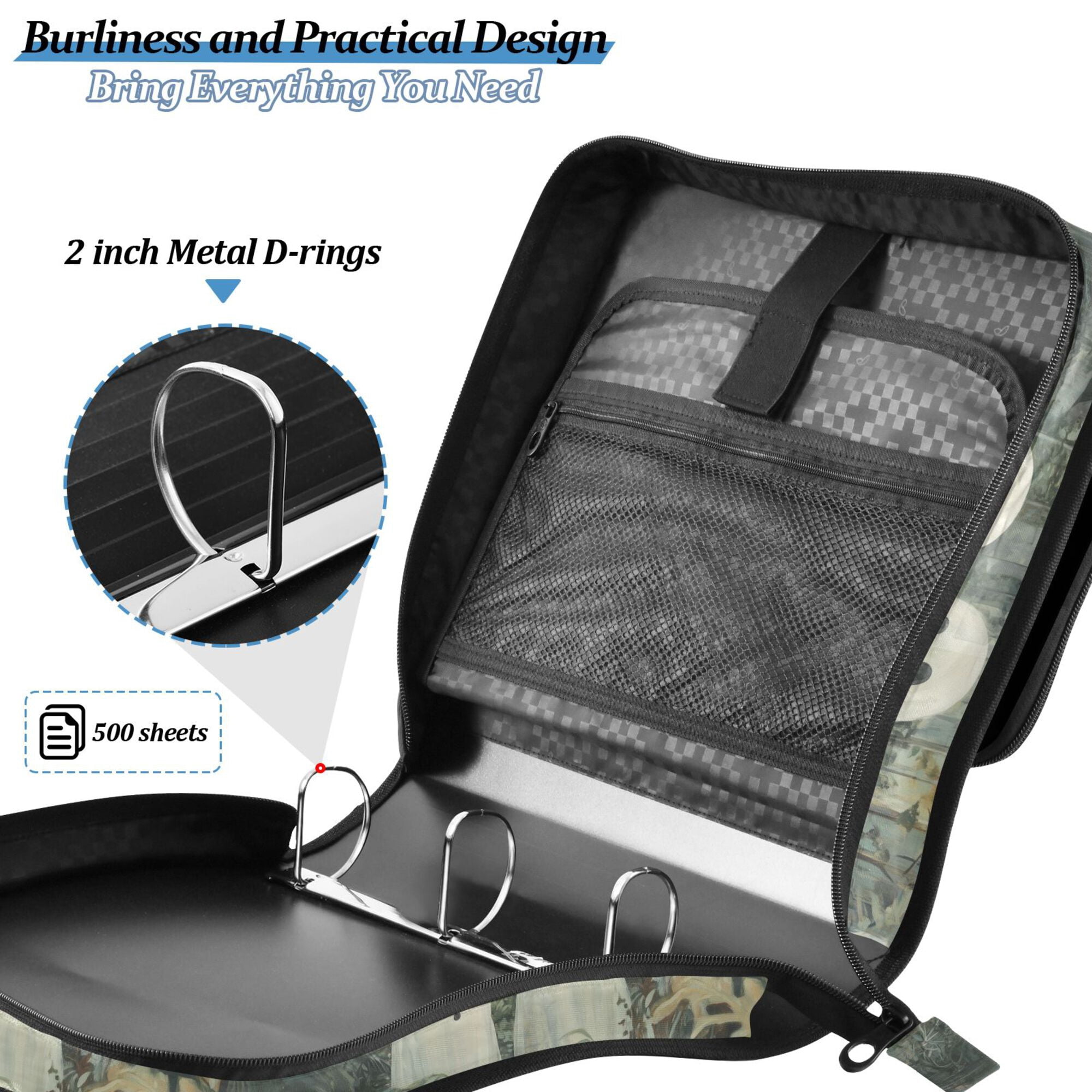 FORMRS Zipper Binder with Shoulder Strap 2-inch Ring 500 Sheet Capacity File Bag, Ghosts Playing in A Garden