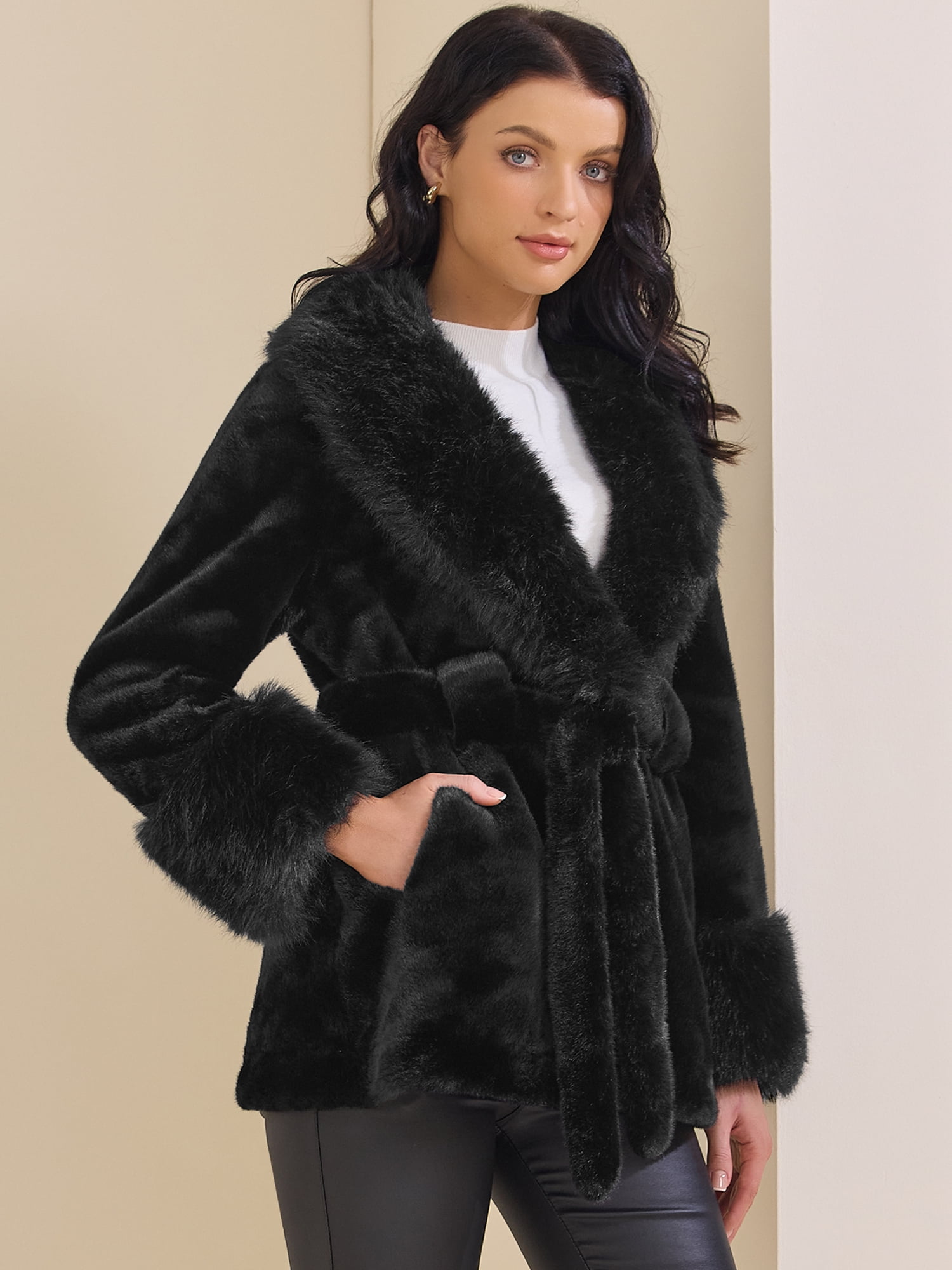 DARING DIVA Women's Faux Fur Long Sleeve Lapel Shaggy Jacket With Pockets L Black