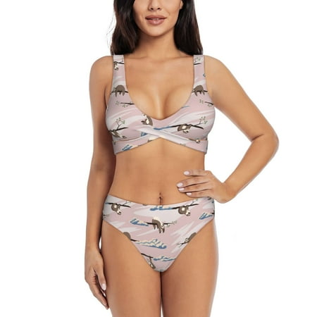 Zeuib Cloud Sloth High Waisted Tummy Control Bikini Set - Knot Front Push Up Top & Cheeky Thong Bottom  Two-Piece Swimsuit for Women-Small
