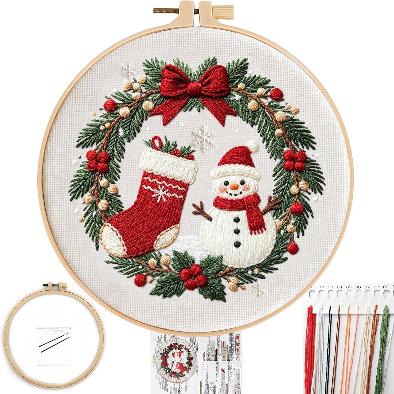 Cute Christmas Embroidery Kit for Beginners Festive Winter Pre-Printed Pattern & Supplies Set for Adults DIY Handmade Needlepoint Kits Wall Art 8 Hoop (Holly Berries)