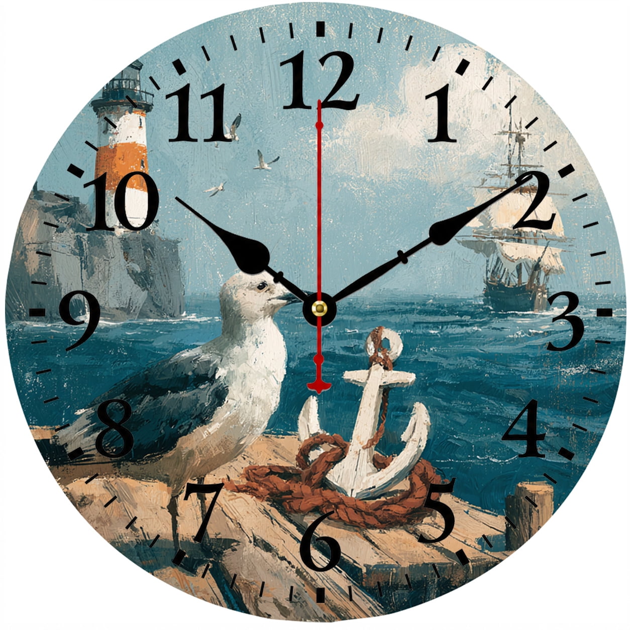 9.84 Inch Coastal Wall Clock, Nautical Lighthouse Ocean Decorative Clock, Battery Operated Round Analog Clock with Easy to Read Numbers, Seaside Beach House Decor for Living Room Bedroom Kitchen Offi