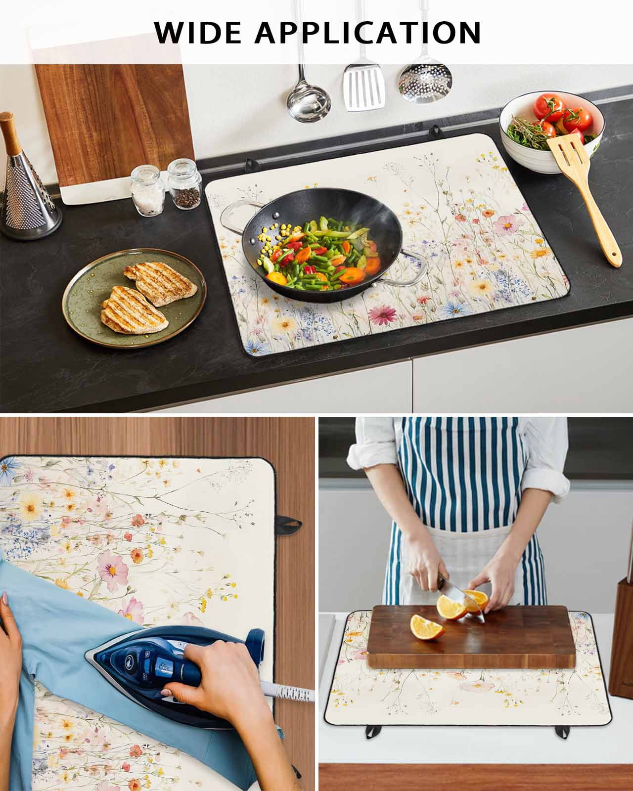 nqOlkjepod Large Induction Cooktop Protector Mat 36"x21", Beige Floral Spring Stove Top Covers for Electric Stove, Vintage Farmhouse Botanical Stove Burner Cover Mats, Glass Top Stove Cover