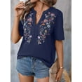 thumbnail image 4 of Mexican Shirts for Women Embroidered Traditional Summer Blouse Floral Tunic V Neck Short Sleeve T Shirt Navy Blue M, 4 of 6
