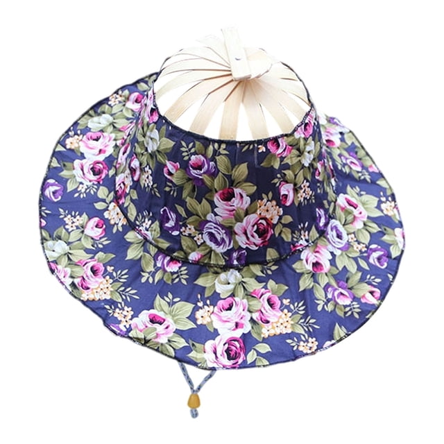 Ltdhehe 2 In 1 Portable Sun Hat Foldable Hand Fan Hat For Women Summer Flower Pattern Beach Hat For Travel Beach
