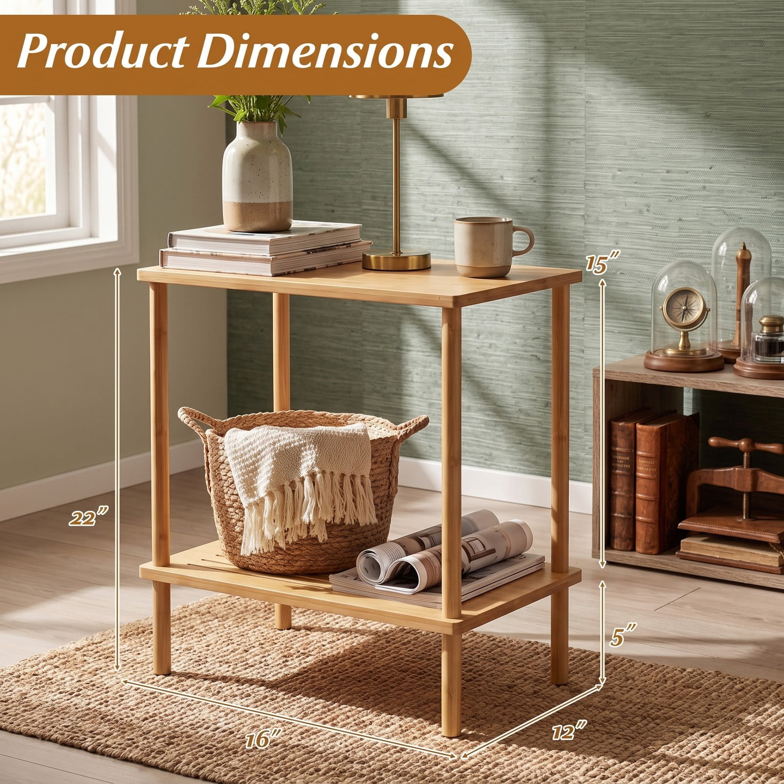 Furnibear Side Table Set of 2, 2-Tier Bamboo End Table with Storage Shelves, Rectangular Sofa Tea Table Nightstand for Living Room Bedroom, Natural