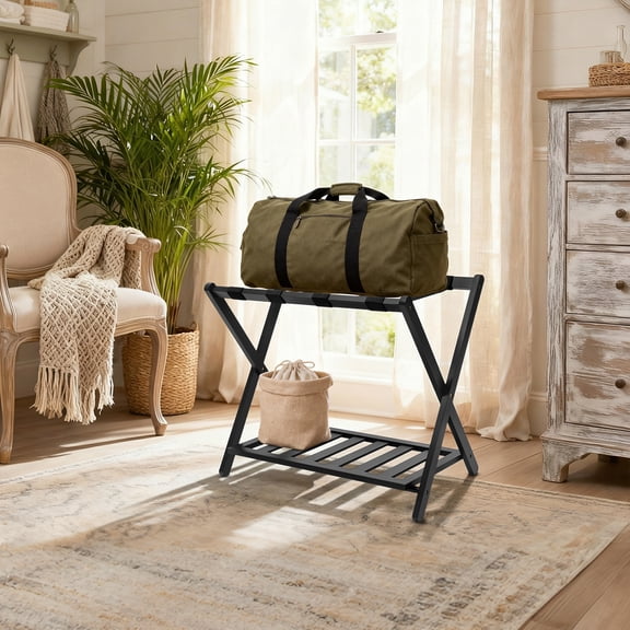Foldable Suitcase Luggage Rack, 2-Tier Bamboo Folding Storage Rack, Suitcase Stand with Storage Shelf for Guest Room, Hotel, Bedroom, Black