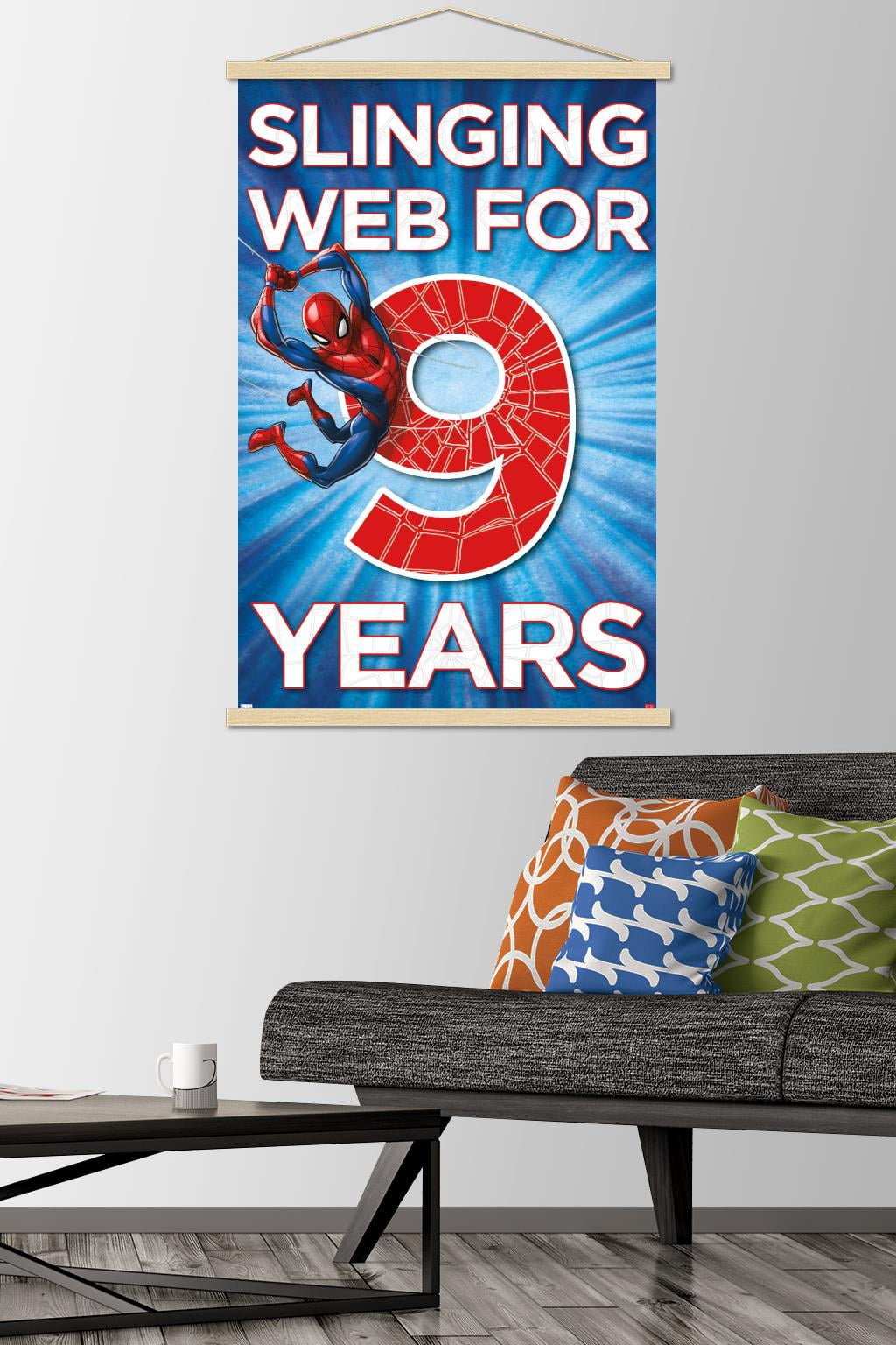 Marvel Spider-Man - Happy 9th Birthday Wall Poster with Wooden Magnetic Frame, 22.375" x 34"