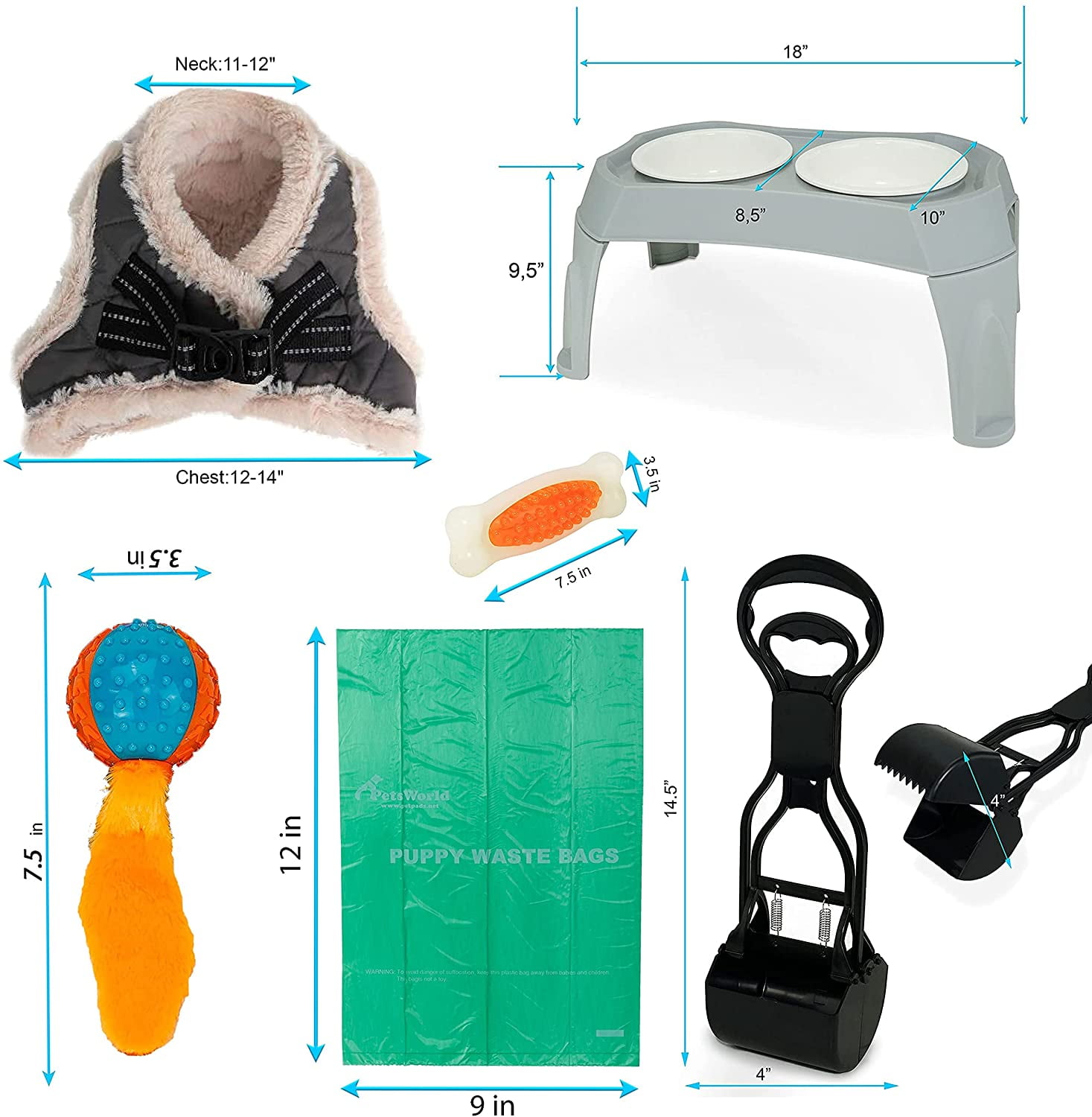 PETSWORLD Pet Starter Kit, Warm Grey Harness for Small Dogs, Pet Bowl, Dog Ball Toy, Bacon Toy, Pooper Scooper + Dog Waste Bags
