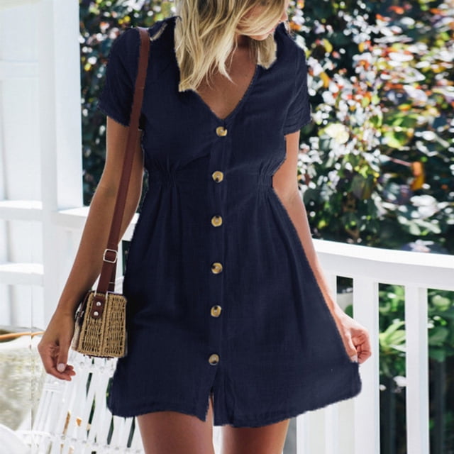 Puntoco Vestido De Manga Corta Con Cuello En V, Vestido Superior De Cintura Con Botones De Color Sólido Con Cuello En V Para Vacaciones De Verano Para Mujer Azul Oscuro M
