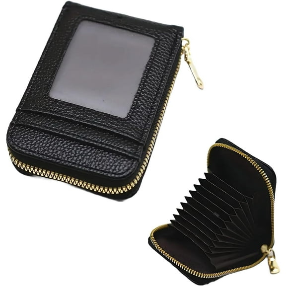 PEAKTREND RFID Credit Card Wallet, RFID Blocking, Compact Size Genuine PU Leather Credit Card Holder Business, Zipper Wallet Card Organizer Case With 9 Card Slots 2Cash Slot (Black)