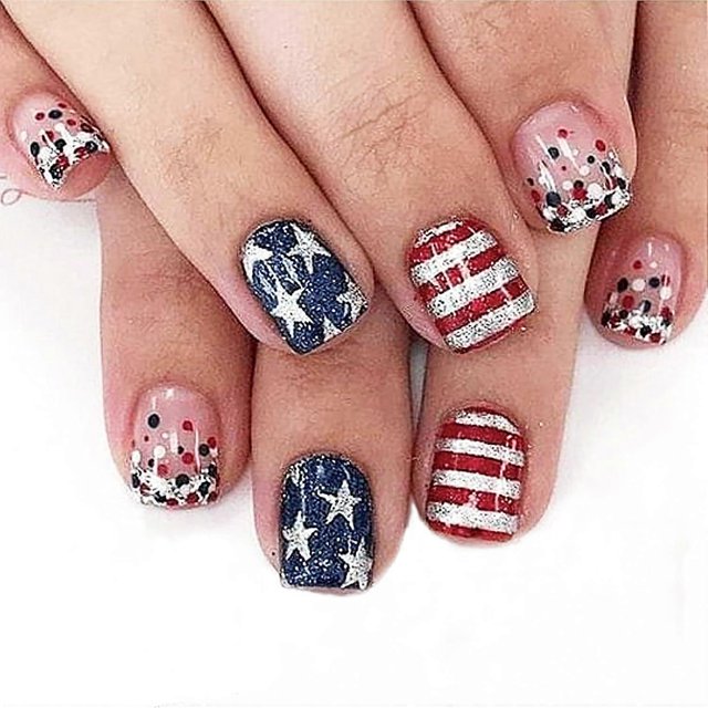 4th of July Press on Nails Short Square Independence Day Fake Nails with Glitter