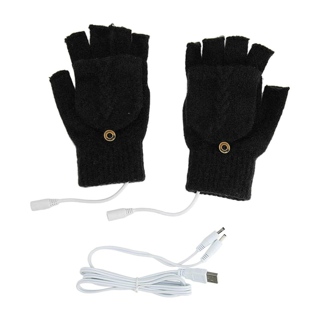 Guantes calefactados USB con dobladillo completo y parte trasera media, cálidos, de punto, sin dedos, para el hogar y la oficina, color negro