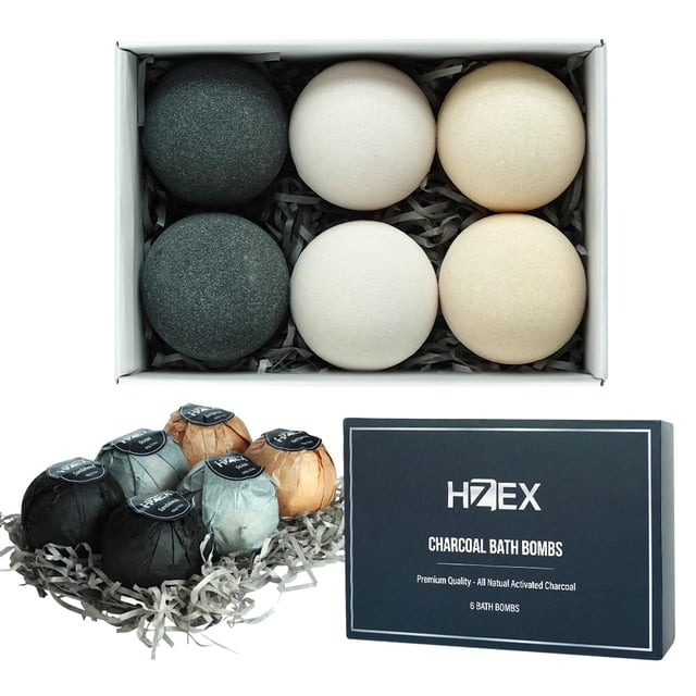 Bombas de baño HZEX 6 grandes bombas de baño de carbón natural de lujo para hombres y mujeres Bomba de baño orgánica con aceites esenciales y manteca de karité Alivio del estrés y relajación Desintoxi