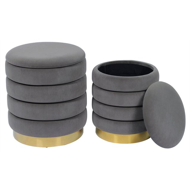 Pouf de Rangement Rond en Velours Gris avec Base en Chrome Doré (Lot de 2)
