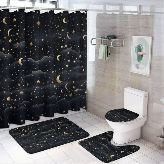 Bathroom Set, Stars and Moon Printed Bathroom Set,Bathroom Set 4-Piece Set,Bathroom Set with Shower Curtain Sets  and Carpet