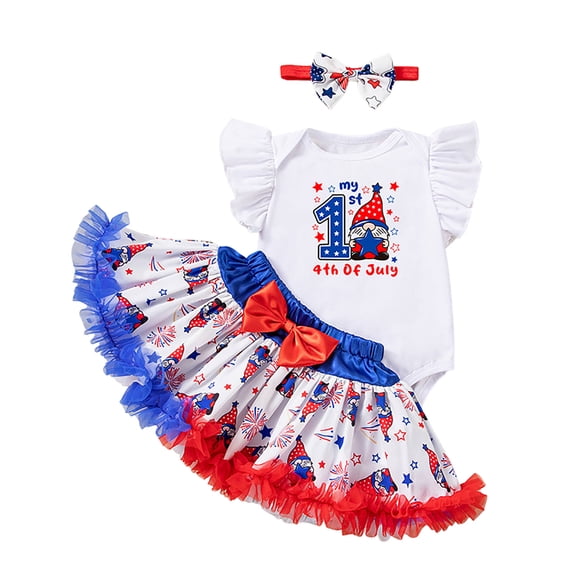 Xudanell Baby Girls First 4th of July Outfit Sweet Bow Print Newborn Sleeveless Romper Bow Dress Infant Girl Clothes with Headband Sky Blue 6-9 Months