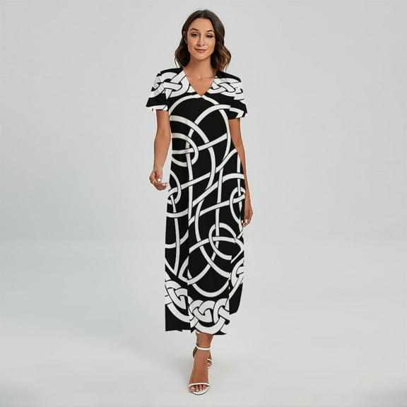 Black And White Celtic Knot Printed Short Sleeve Maxi Dress, Irish St. Patrick'S Day Fashion Summer Maxi Dress For Women
