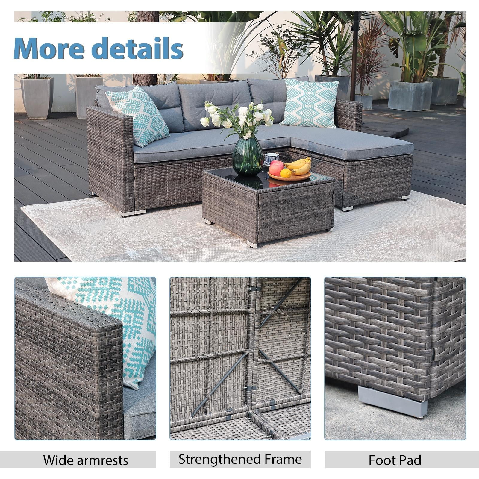 JOIVI 3 Pieces Patio Conversation Set, PE Wicker Rattan Outdoor Furniture Set, 2 Ways Small Sectional Sofa, Tempered Glass Coffee Table, Silver-Gray
