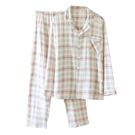 Large Checkered Lapel Pajama Set, Cotton Double-Layer Gauze Casual and Simple Home Wear Khaki Xxl