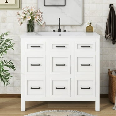 36" Bathroom Vanity, Bathroom Cabinet with Resin Integrated Sink, Vanity Cabinet with 4 Drawers and 2 Doors, White