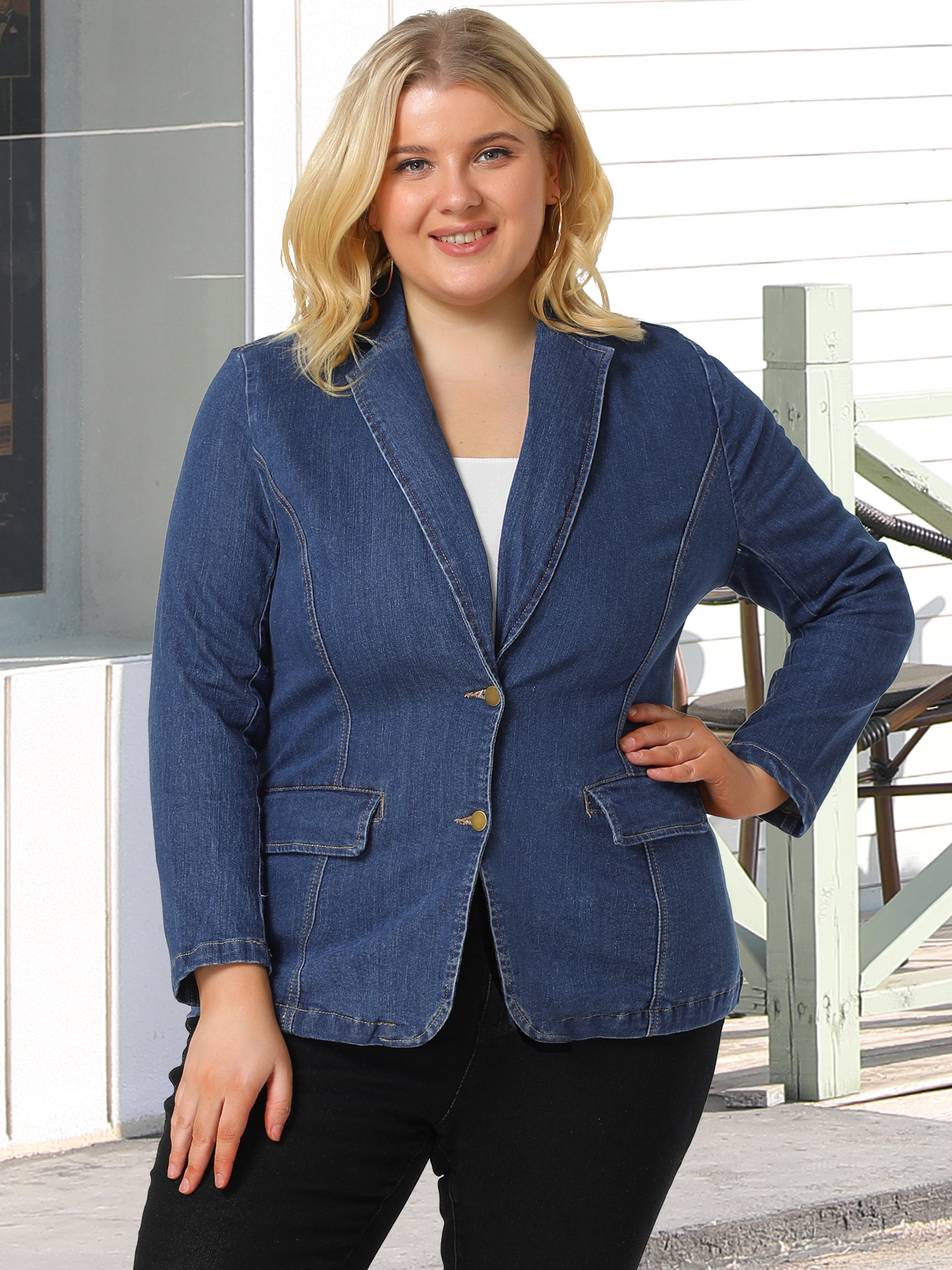 DARING DIVA Women's Plus Size Elegant Lapel Work Jean Blazer Jacket 5X Sky Blue