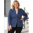 thumbnail image 3 of Women's Plus Size Denim Jacket Notched Lapel Color Block Stretch Blazer Sky Blue 1X, 3 of 6