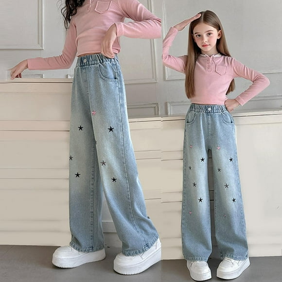 MKOSPLRT Jeans Y2K pour Fille 5-15 Ans Taille Haute Élastique Jambe Grand Jenas Étoiles Broderie Pantalon en Denim Usé avec Poches