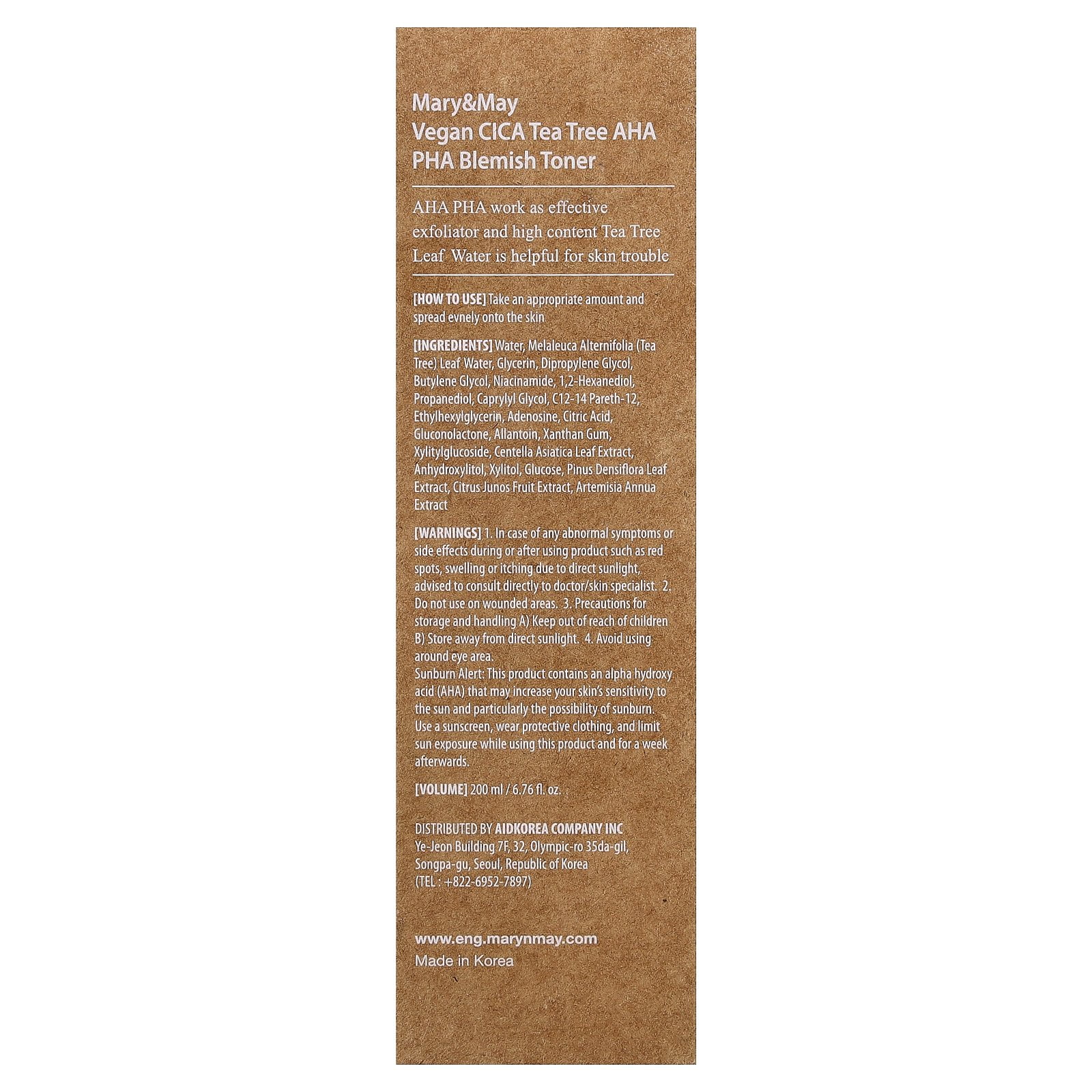 Mary & May Vegan CICA Tea Tree AHA PHA Blemish Toner, 6.76 fl oz (200 ml)