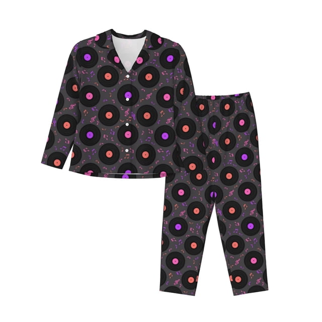Balery Vinyl Records Musical Notes Conjunto de Pijama con Estampado para Mujer, Conjunto de Dos Piezas con Manga Larga, Ropa de Dormir Suave con Bolsillos, Pijamas Cómodos-X-Large