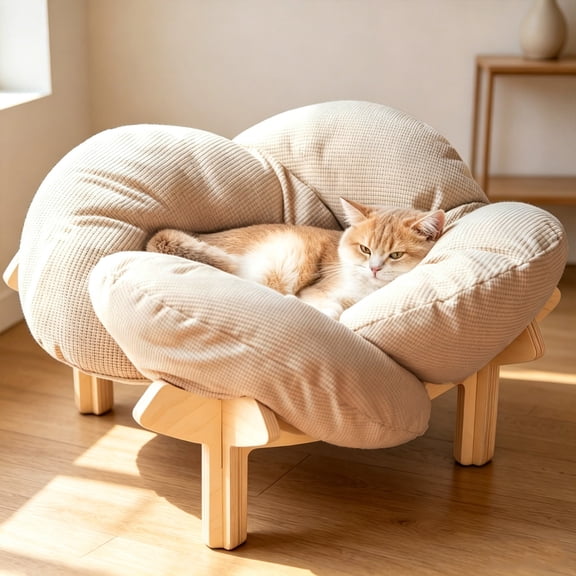Elevated Cat Bed Wooden with Cushion Fluffy Pet Couch Sofa, Cat Furniture, Solid Pine Wood Legs, for Cats and Small Dogs