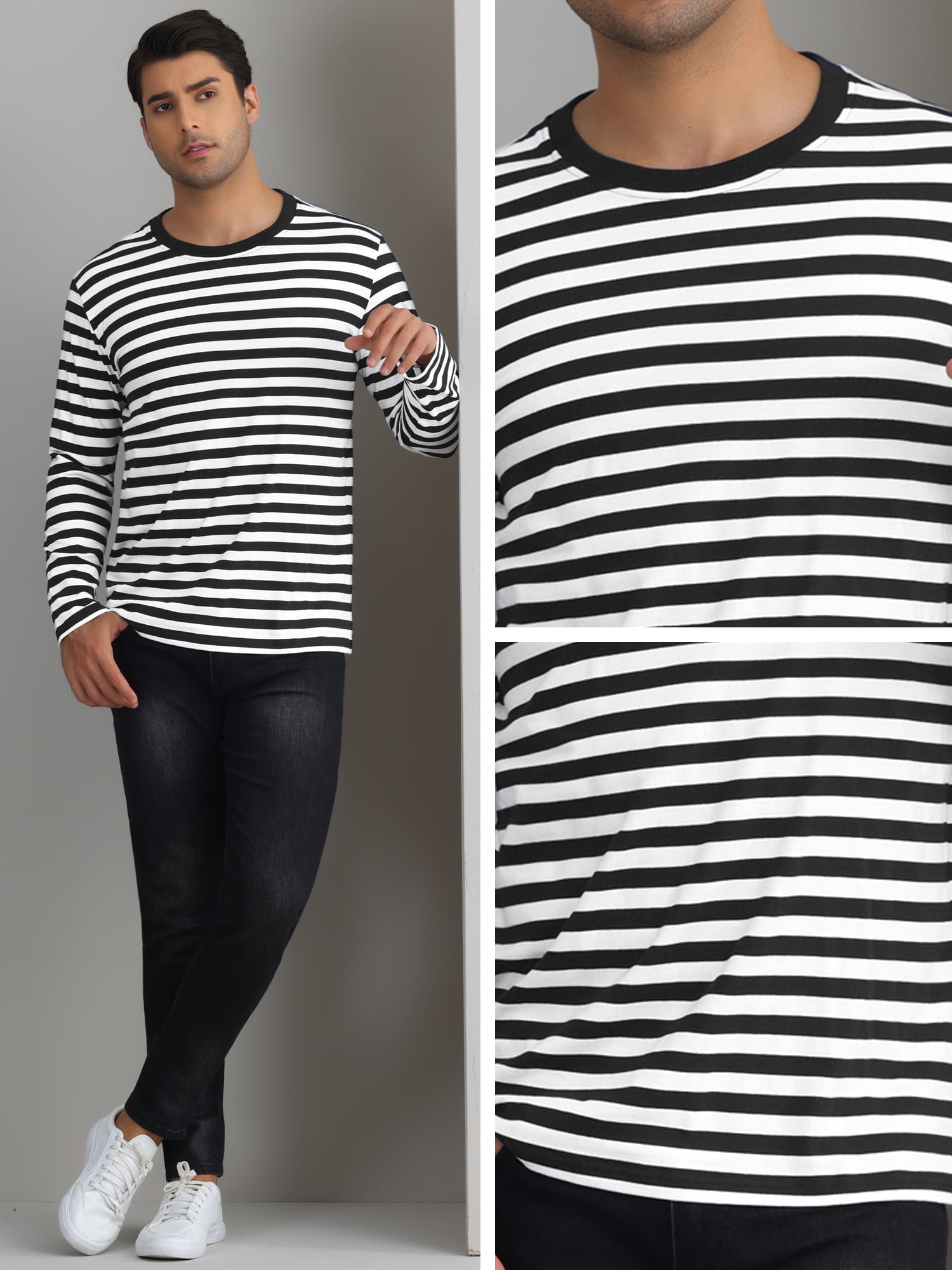 DARING DIVA Men's Striped Sweatshirts Stripes Long Sleeve Casual T-Shirt XL Black White